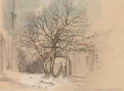 冬季马斯特里赫特圣安东尼修道院的庭院`Hof van het Sint Antoniusklooster te Maastricht, in de winter (1837) by Alexander Schaepkens