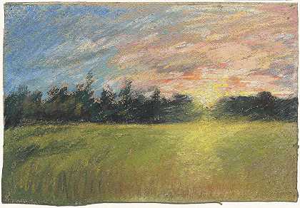 日落时的草地`A Meadow at Sunset (c. 1845) by Paul Huet
