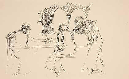 一张桌子上四个穿着中世纪服装的男人的素描——未经确认的插图，可能是为了爱的劳动失去了，国王的困惑。`Sketch of four men in medieval dress at a table – unidentified illustration, possibly for Love’s Labours Lost, The King’s Quandary. (1986) by Edwin Austin Abbey