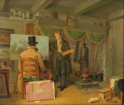 这位艺术家在他的工作室工作`The Artist at his Studio (1820) by Anthony Oberman