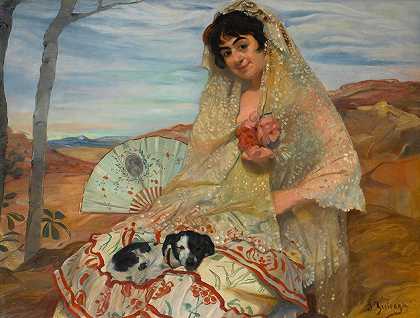 和狗坐在一起的年轻女人`Joven sentada con un perro (seated woman with dog) by Ignacio Zuloaga