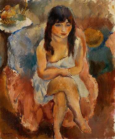 坐着的女孩`Seated Figure (Jeune fille assise) (1914) by Jules Pascin