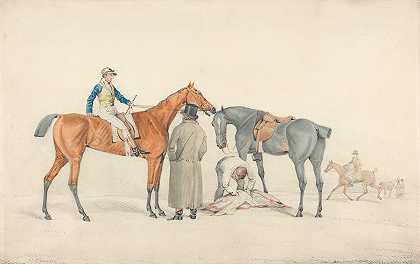 开始之前赛马骑师接受特里纳指示`Before the Start; Jockey on Racehorse Receiving Triners Instructions by Samuel Alken