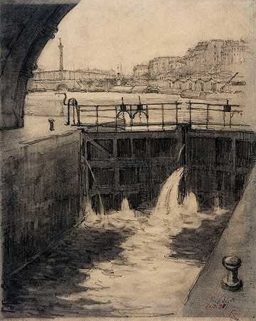 圣马丁运河船闸。锁阿森纳`Ecluse du canal Saint~Martin. Ecluse de lArsenal by Eugène Béjot