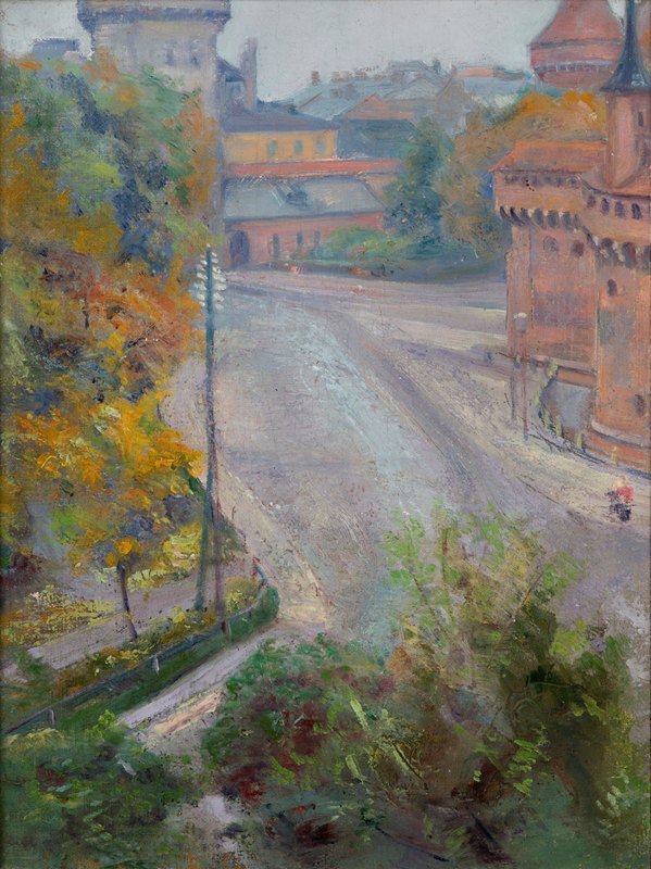 巴比肯和弗洛里亚斯卡街——从扎西泽街俯瞰`The Barbican and the Floriańska Street – View from Zacisze Street (1894) by Stanisław Wyspiański