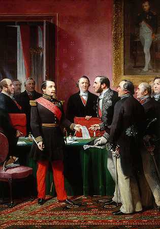 拿破仑三世将法令交给豪斯曼男爵吞并邻近社区（1859年2月16日）。`Napoléon III remettant au baron Haussmann le décret dannexion des communes limitrophes (16 février 1859). (1865) by Adolphe Yvon