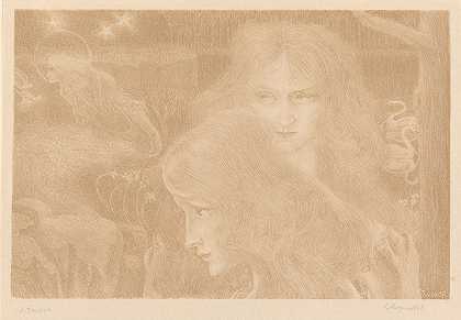两个年轻女人，天鹅和一个老人`Twee jonge vrouwen, zwanen en een zaaiende oude man (1898) by Jan Toorop