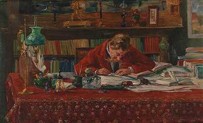 在办公桌上写故事`Verhaeren schrijvend aan zijn werktafel (1900) by Marthe Massin  