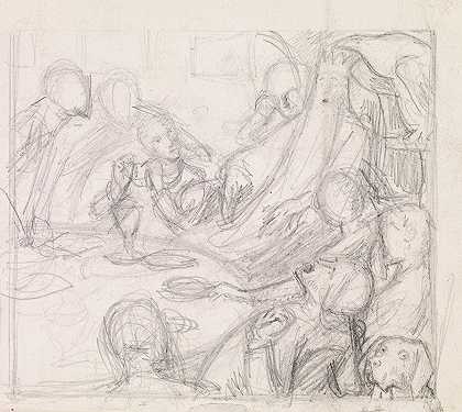 丁尼生这是白日梦——国王和朝臣唤醒复兴的素描`Tennysons The Day~Dream – Sketch of the King and Courtiers awakening the Revival (1855~56) by Sir John Everett Millais