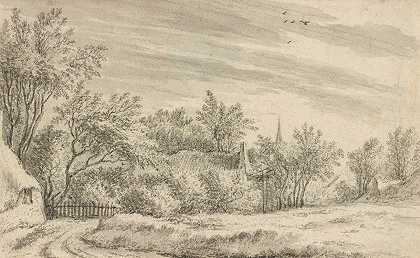 远处有教堂尖顶的乡村小径`Village Path with Church Spire in the Distance (1650) by Guillam Dubois