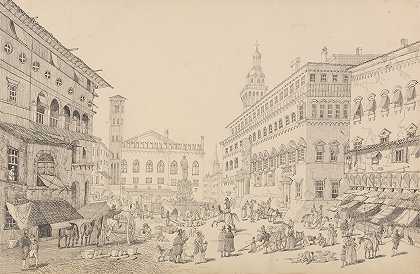 博洛尼亚广场，教皇大教堂和宫殿大使馆`Square at Bologna, Cathedral and Palace of the Popes legate (1840) by Sir Charles D;Oyly