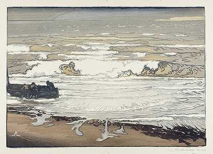 破浪，九月的潮水`Breaking Waves, September Tide (1901) by Auguste Louis Lepère