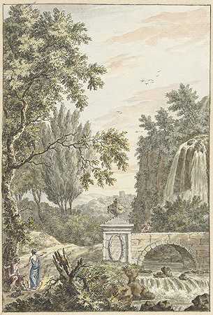 有瀑布、桥和三个年轻人的拱廊森林景观`Arcadisch boslandschap met een waterval, een brug en drie jongemannen (1780) by Dirk Versteegh