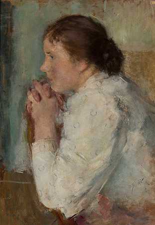 一位女士的侧面肖像`Portrait of a lady in profile (1894) by Olga Boznanska