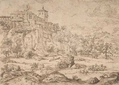 山顶别墅景观`Landscape with Hilltop Villa (17th century) by Guillerot