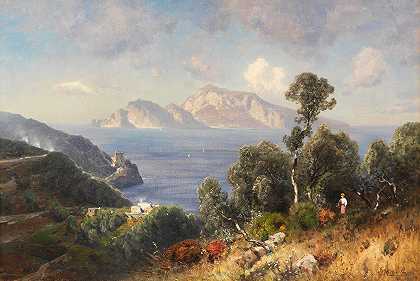 意大利海岸景观与卡普里景观`Italienische Küstenlandschaft mit Blick auf Capri (1870) by Ascan Lutteroth