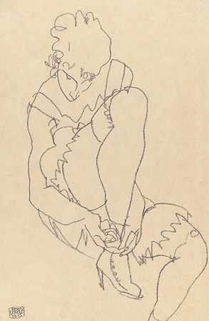 系鞋扣的女人`Woman Buttoning Her Shoes (1915) by Egon Schiele