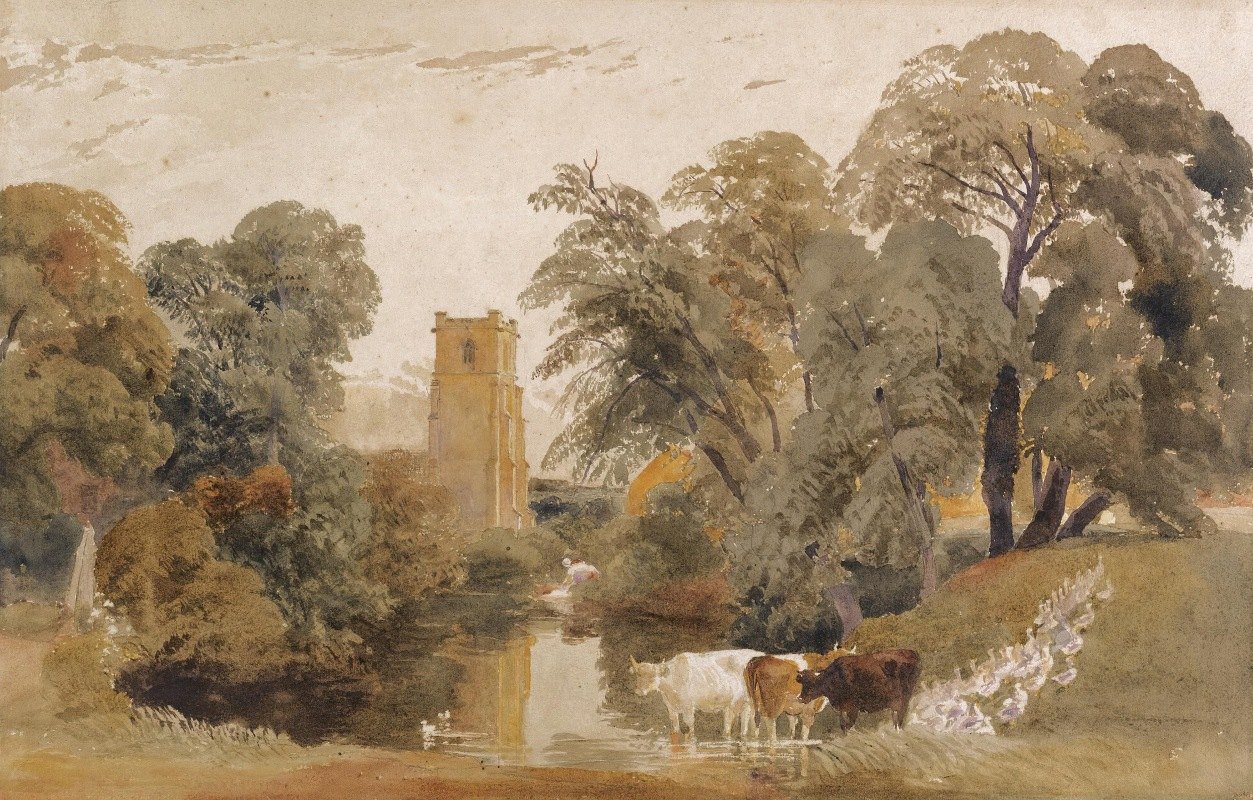 这里有牛、鹅、一位女士在河边洗衣服，还有远处的教堂塔楼`Landscape with cattle, geese, a lady washing clothes beside a river and a church tower beyond by Peter De Wint