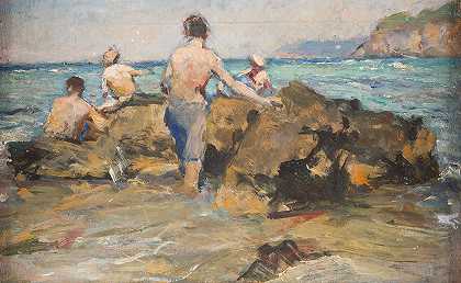 岩石海滩上的男孩们`Boys at a rocky beach by Alphons Hollaender