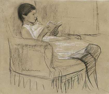 艺术家她女儿Käthe Reading坐在椅子上`The Artists Daughter Käthe Reading in a Chair (1893~1895) by Max Liebermann