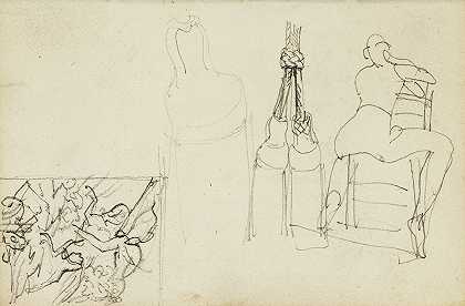 流苏，椅子后面的坐像，充电的查瑟尔的缩略研究`Tassels, seated figure from behind chair, thumbnail study of Charging Chasseur (1812 ~ 1814) by Théodore Géricault