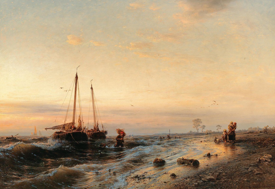 渔船的到来`The arrival of the fishing boats (1901) by Eduard Hildebrandt