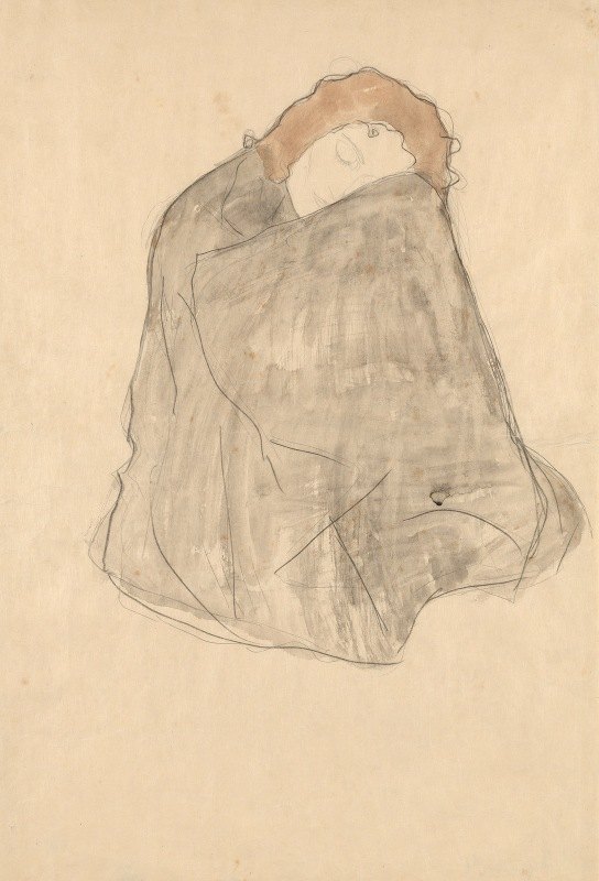 穿着深色斗篷坐在一起的女人`Zusammengekauert sitzende Frau, in dunklen Umhang gehüllt (1908~1909) by Gustav Klimt
