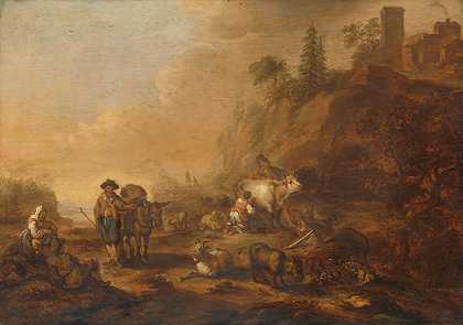 牧民成群的风景`Landscape with Herdsmen and their Droves (1648) by Cornelis de Bie