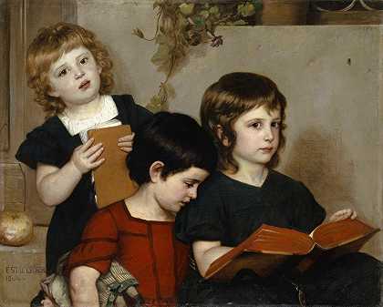 儿童s教堂服务`Childrens Church Service (1864) by Ernst Stückelberg