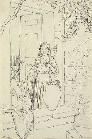 两个意大利女人在一扇门里，一个拿着十`To italienerinder i en dør, den ene med en ten (1810 – 1873) by Wilhelm Marstrand