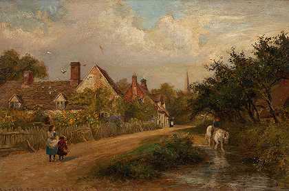 乡村风光`Village Scene (1889) by Charles James Lewis