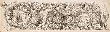 带阿坎图斯卷轴的雕带和一个与狮子搏斗的男人`Frieze with Acanthus Scrolls and a Man fighting a Lion (17th century) by Jean Le Pautre