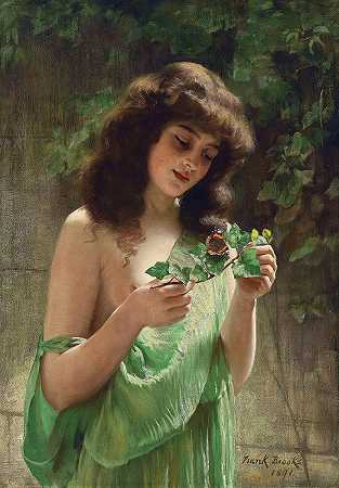 带着蝴蝶的小女孩`Young Girl With A Butterfly (1891) by Frank Brooks