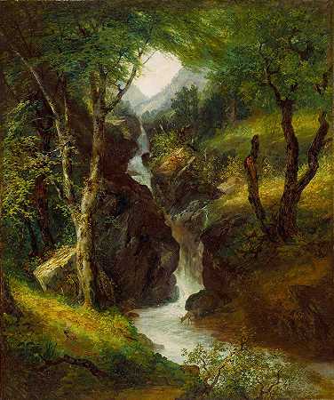 森林中的瀑布`Cascade in the Forest (1852) by John Frederick Kensett