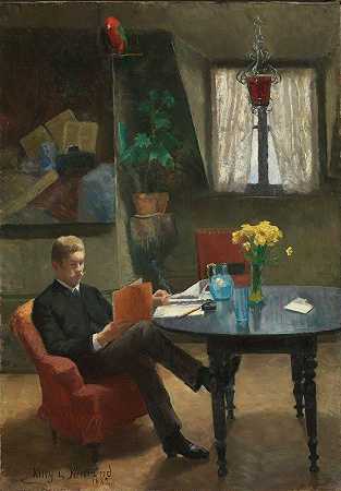 阿恩·加博格拜访艺术家s在巴黎的工作室`Arne Garborg visiting the Artists Studio in Paris (1887) by Kitty Kielland