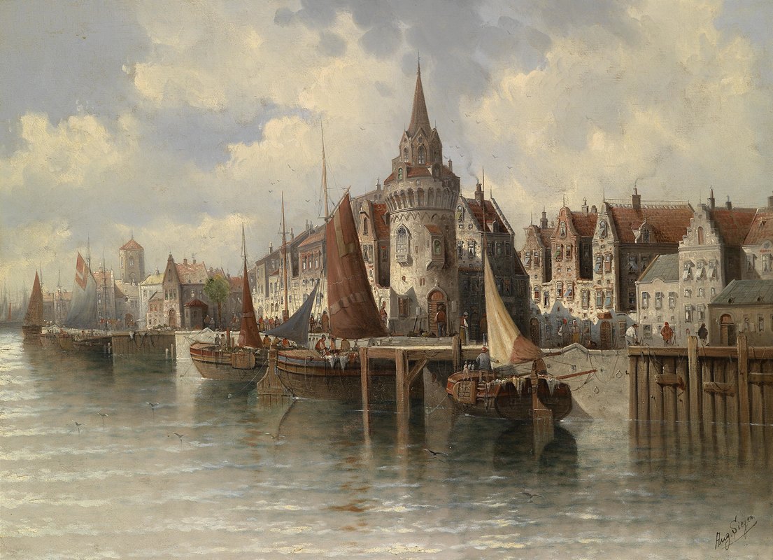 港口城市景观`Blick auf eine Hafenstadt by August Von Siegen