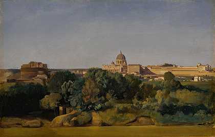 罗马圣彼得景观s和圣城堡安杰洛`Rome, a view of Saint Peters and the Castel SantAngelo by Jean-Achille Benouville