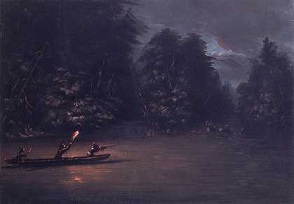 用手电筒在皮划艇上猎鹿`Deer Hunting By Torchlight In Bark Canoes (1846~1848) by George Catlin
