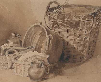 有篮子和陶器的静物画`Still Life with Baskets and Pottery by Peter DeWint