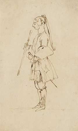 一个留着长辫子和棍子的男人，侧面站在左边`Man with a Long Pigtail and a Stick, Standing in Profile to the Left (early–mid~18th century) by Anton Maria Zanetti the Elder