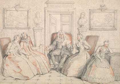 Trissotin向菲拉明、贝利斯和阿曼德朗读（摘自莫里哀的《女学者》第3幕第2幕）`Trissotin Reading to Philaminte, Bélise, and Armande (from act 3, scene 2 of Molières “Les Femmes Savantes” (probably c. 1725~1726) by Charles-Antoine Coypel