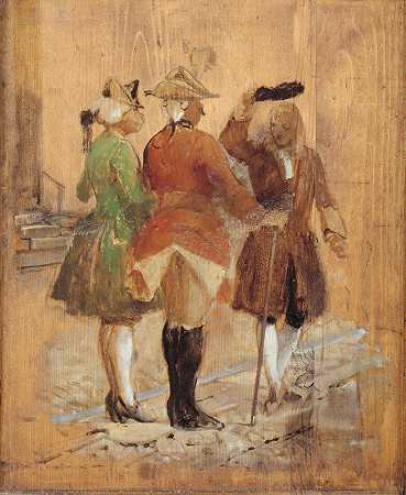 霍尔伯格离开了雅各布·冯·蒂博和让·德·法兰西`Holberg går af vejen for Jacob von Thyboe og Jean de France (1825 – 1873) by Wilhelm Marstrand
