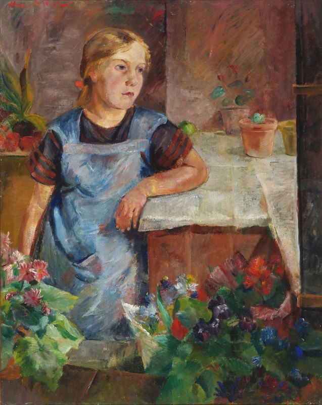 从一个花店和一个女童子军在窗外`Fra en blomsterhandler med en pige spejdende ud ad vinduet by Henrik Nielsen