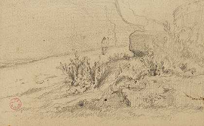 具有角色的岩石景观`Paysage rocheux avec un personnage (19th century) by Jean-Achille Benouville