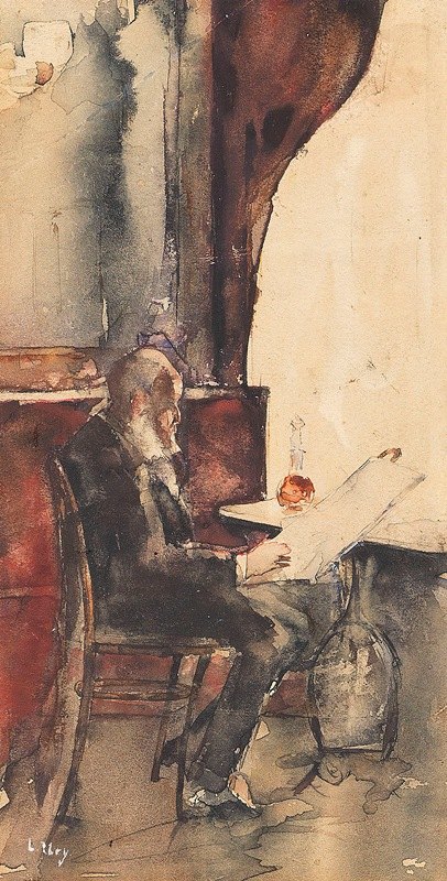 咖啡馆里的读报员`Zeitungsleser im Café (1880) by Lesser Ury