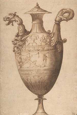 设计一个带有大力士和法尔内塞百合的花瓶`Design for a Vase with Hercules and Farnese Lilies (ca. 1540) by Francesco de; Rossi