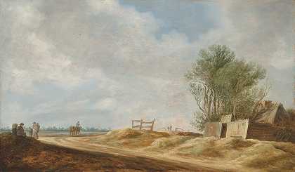 一片广阔的风景，有一座小屋，旅行者在一条开阔的路上`An extensive landscape with a cottage and travellers on an open road (1628) by Jan van Goyen