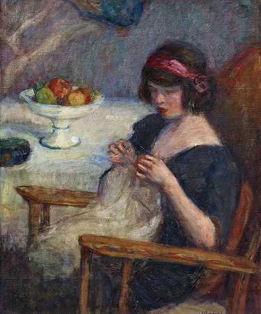 女裁缝`Girl Sewing (c. 1920) by Lucien Abrams