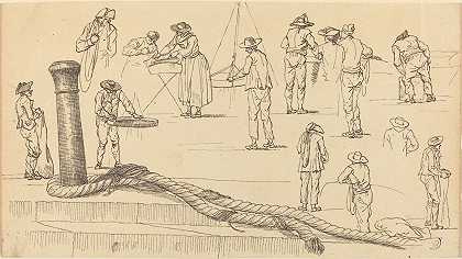 码头边的人像和系在系船柱上的一段绳子`Quayside Figures and a Length of Rope Attached to a Bollard by Claude-Joseph Vernet