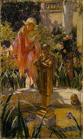 踏入喷泉`Stepping in the Fountain (ca. 1916) by William de Leftwich Dodge